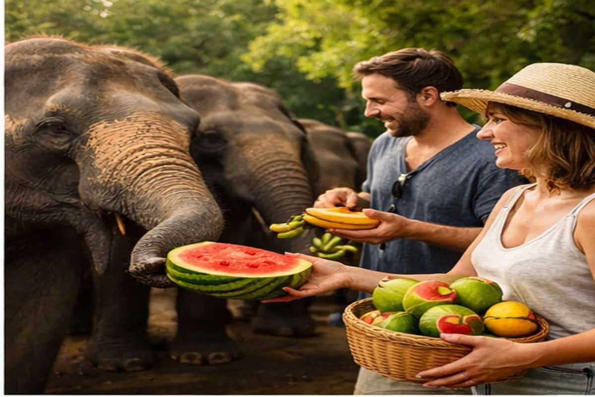 Traveler feeding elephants bananas and watermelons at an ethical sanctuary in Phuket