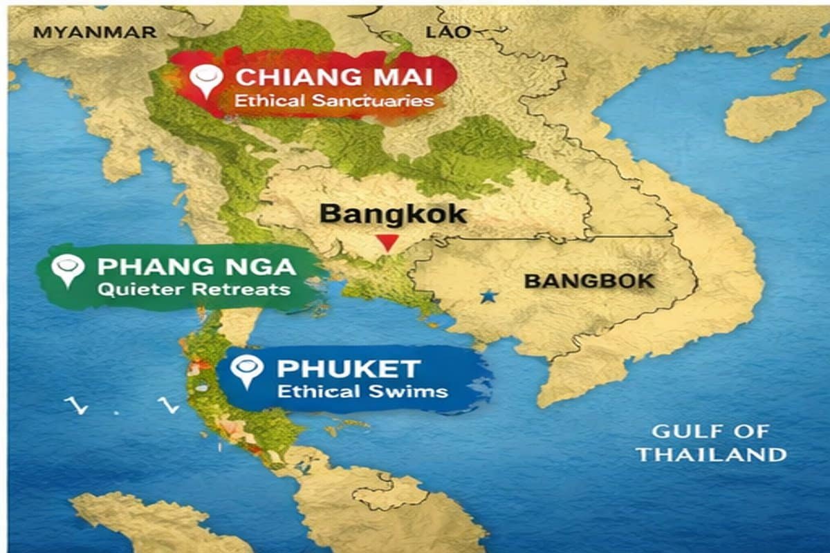 Map showing Phuket, Phang Nga, and Chiang Mai elephant sanctuary regions
