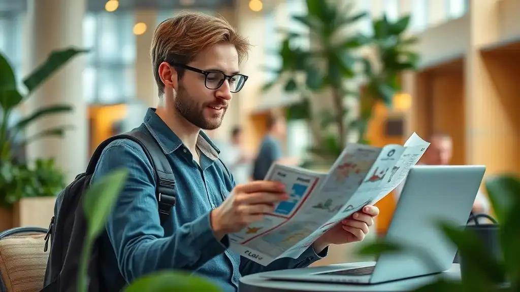 Modern travel planning for 10 days in Thailand, solo traveler with maps, booking details, and luggage in a hotel lobby