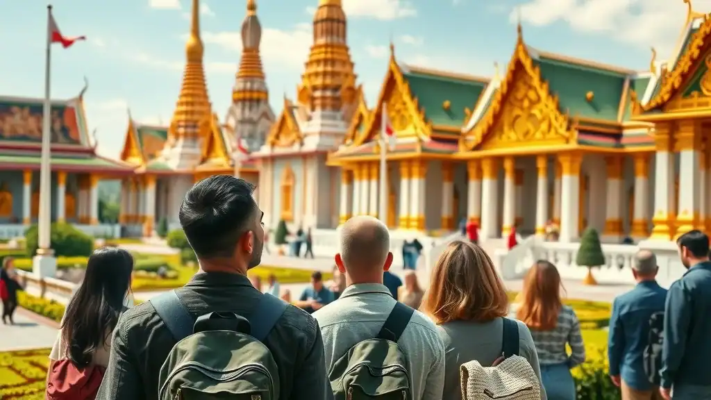 Majestic Grand Palace in Bangkok with tourists admiring ornate temples and lush gardens - thailand itinerary highlight