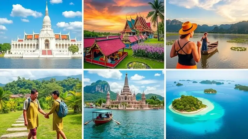 Collage of thailand itinerary highlights, grand palace, floating markets, chiang mai, tropical islands