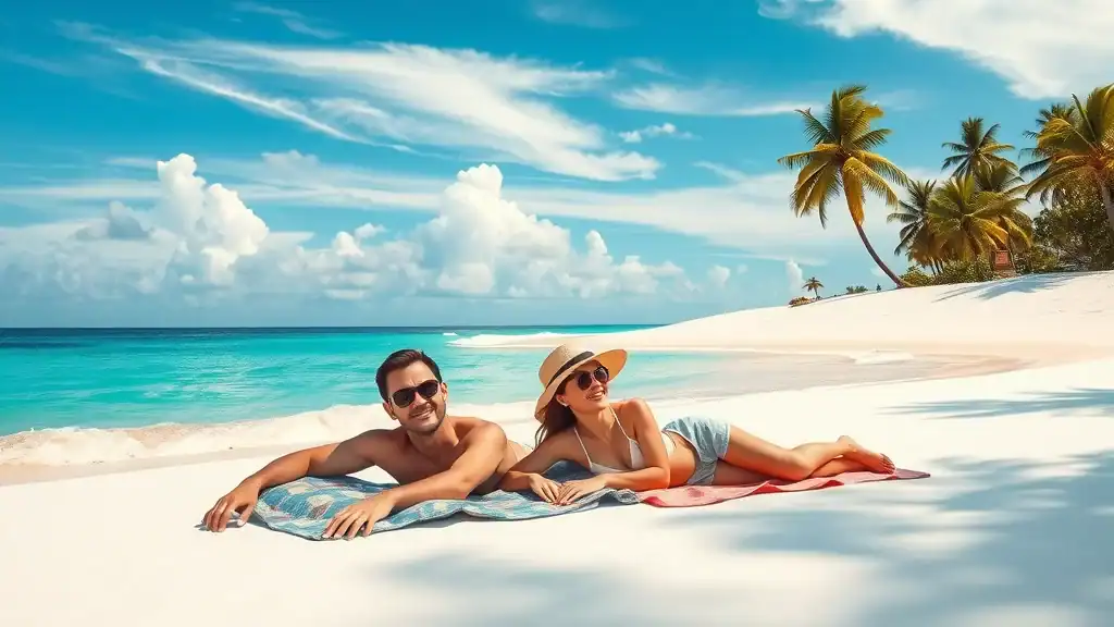 Idyllic Phuket beach with relaxed couple on white sand, turquoise water, and palm trees - start of Thailand itinerary island hopping