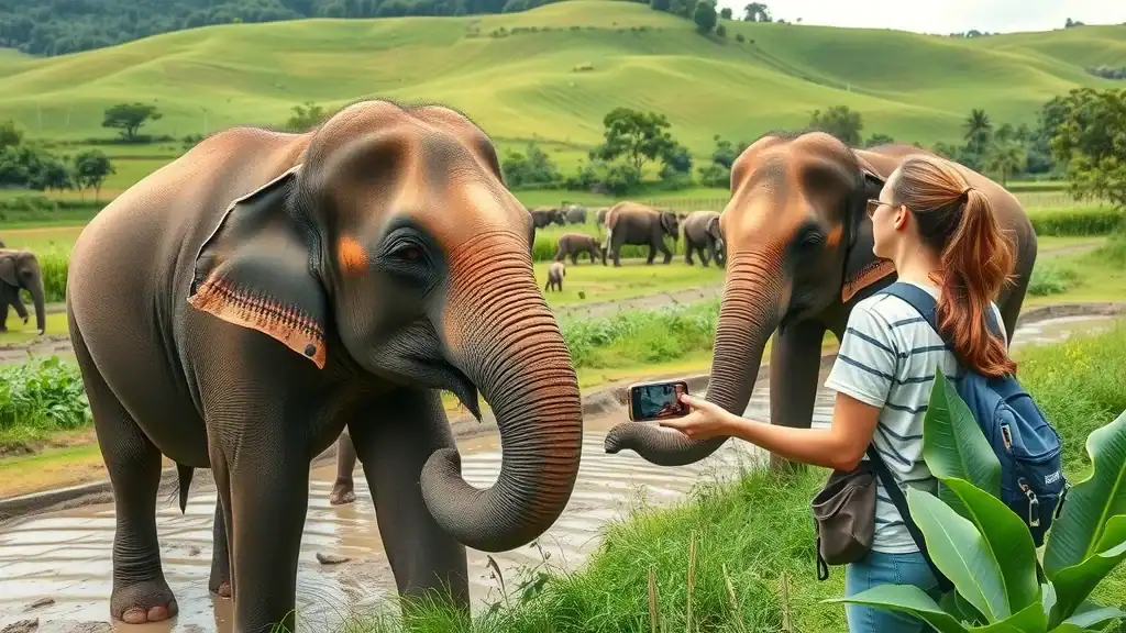 Natural elephant sanctuary near Chiang Mai with travelers feeding elephants - ethical day tour in Thailand