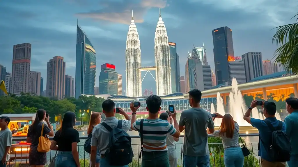 Diverse travelers marveling at Petronas Towers from KLCC Park, highlighting the urban pulse of Kuala Lumpur in any malaysia travel itinerary.