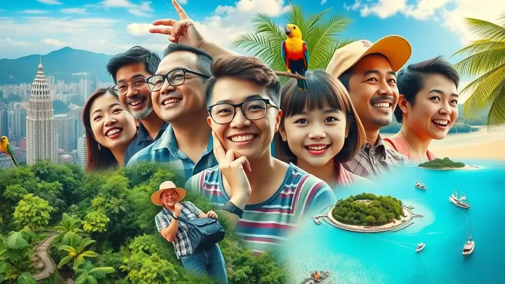 Vibrant Malaysian travel collage showing travelers exploring jungles, cityscapes, and islands with Kuala Lumpur skyline, ancient rainforest, and turquoise beaches in the background, highlighting malaysia travel itinerary adventures.