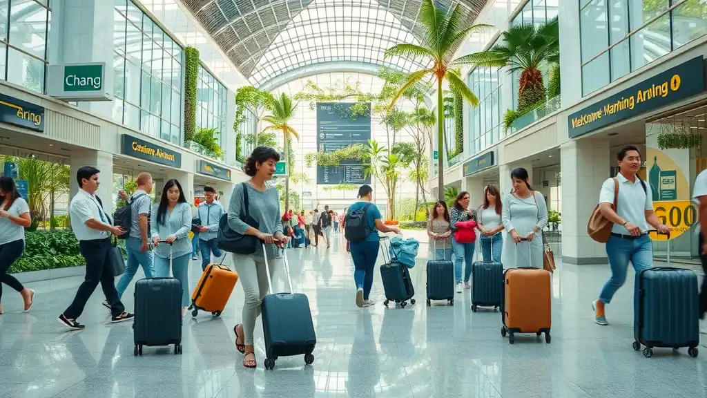 changi airport arrival travelers lush garden terminal modern architecture