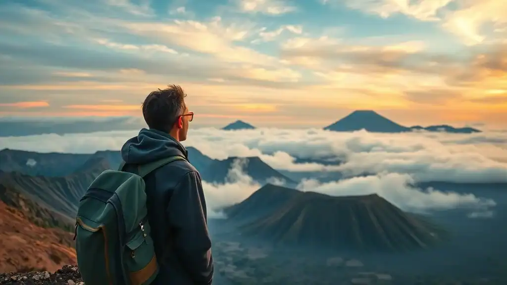 Stunning sunrise at Mount Bromo, discover indonesia, volcanic landscape, east java, photorealistic panorama