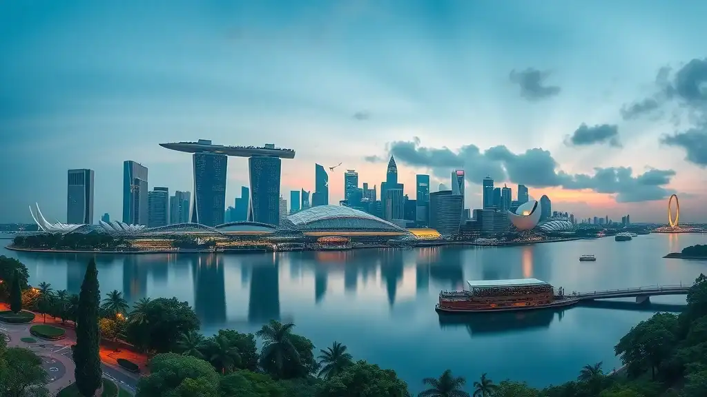 Stunning panoramic view of Singapore’s skyline with Marina Bay Sands, Supertree Grove, and city skyscrapers reflected on bay waters
