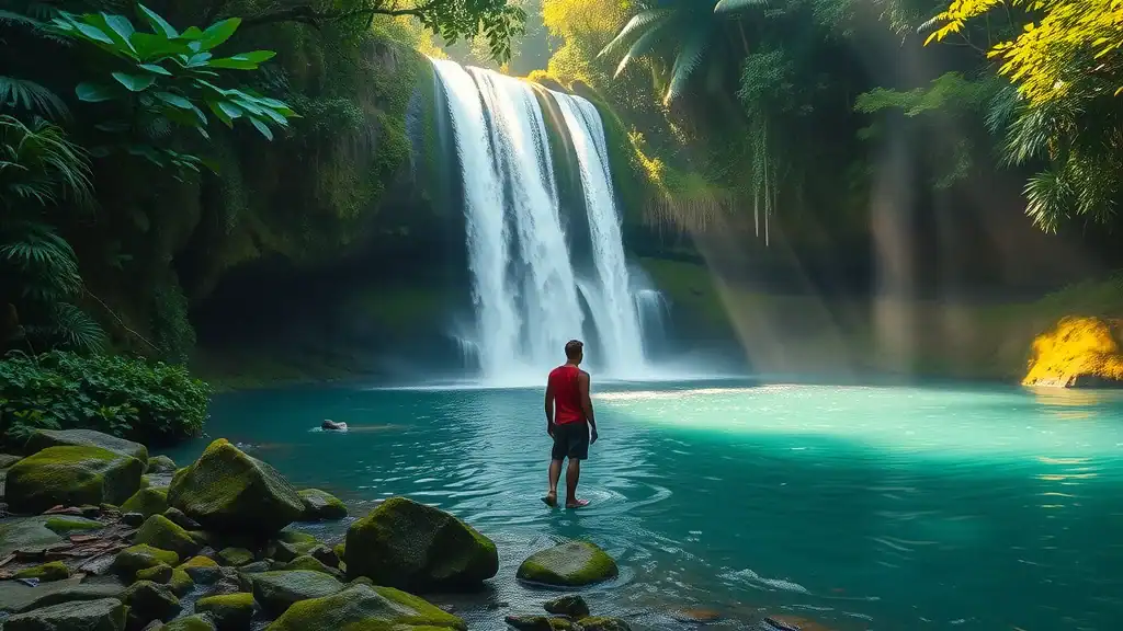 Secluded waterfall in Bali, discover indonesia, emerald pool, lush forest, photorealistic