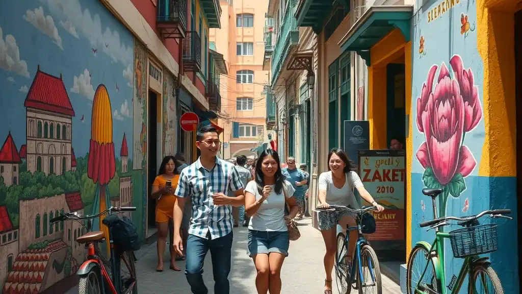 George Town Penang street art murals, heritage shophouses, and travelers photographing artwork on their Malaysia itinerary