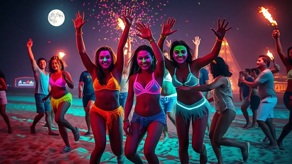 koh phangan thailand travel full moon party beach dancers neon lights fire confetti sandy haad rin