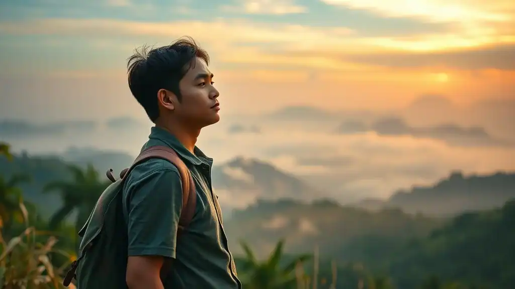 Solo traveler enjoying sunrise over misty Malaysian valley, symbolizing connection and inspiration on a Malaysia travel itinerary