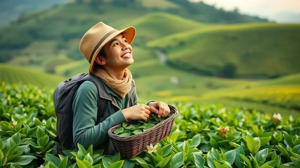 Smiling hiker overlooking misty tea plantations in Cameron Highlands, a nature highlight in any malaysia travel itinerary.