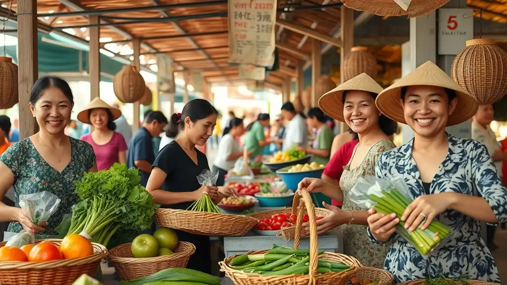 Lively Vietnamese market scene with friendly vendors, handmade goods, shoppers, and fresh produce, set under bamboo canopies. Discover Vietnam’s vibrant markets and everyday culture.