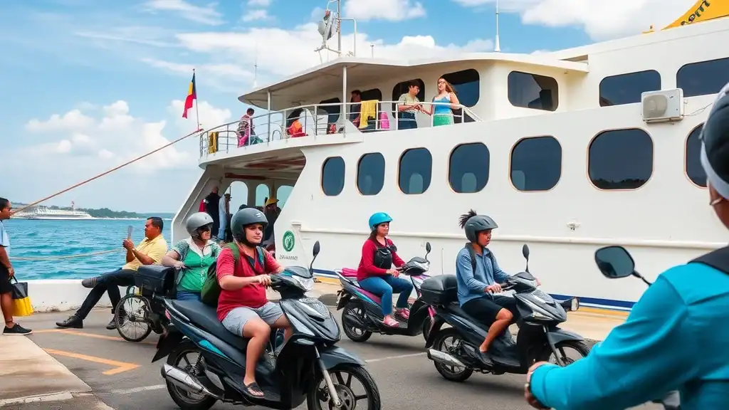 Travelers boarding ferry, riding scooters, and preparing for a domestic flight — efficient travel for indonesia itinerary 2 weeks.