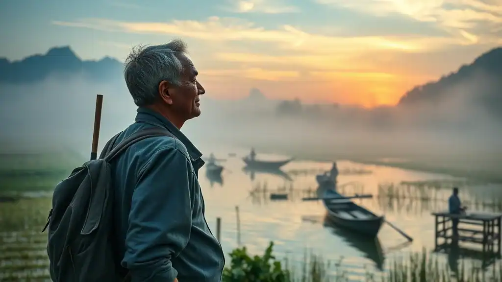 Tranquil rural Southeast Asian landscape, a mature traveler discovering hidden gems and authentic experiences according to top Southeast Asia travel tips.