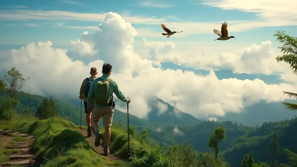 northern thailand trek exhilarated hikers mountain trail doi inthanon lush jungle mist birds adventure