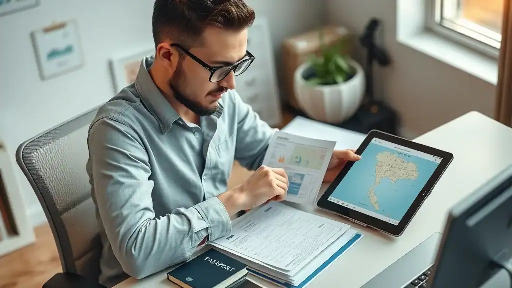 thailand travel organized traveler preparing documents maps passport visa forms at desk for trip to thailand in bright workspace