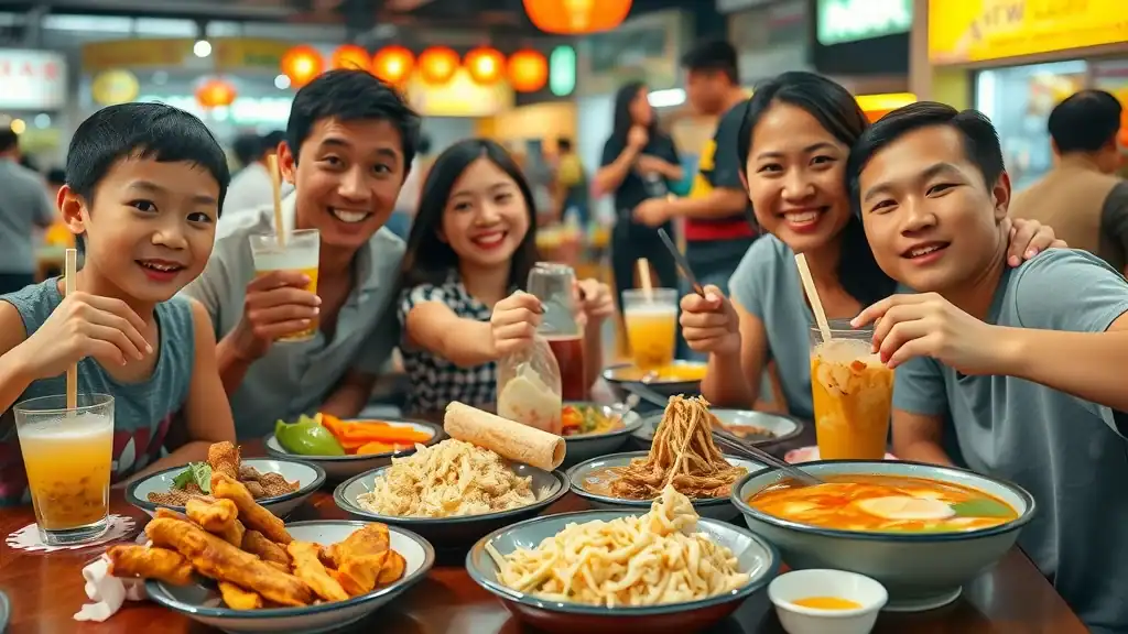 A vibrant Malaysian food spread at a hawker center including nasi lemak, char kway teow, satay, and laksa, with excited diners—must-eats on any malaysia travel itinerary.