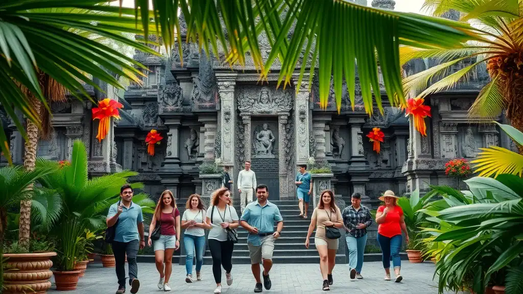 Vibrant Balinese temple entrance with tourists admiring stone carvings - Bali travel guide