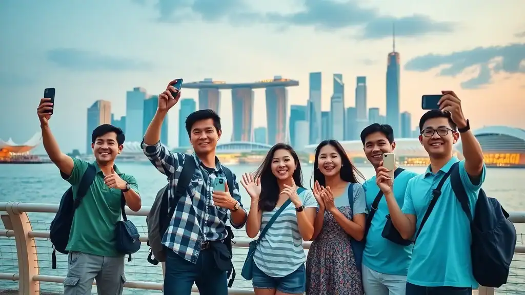 happy tourists singapore skyline marina bay bay sands art science museum group photo