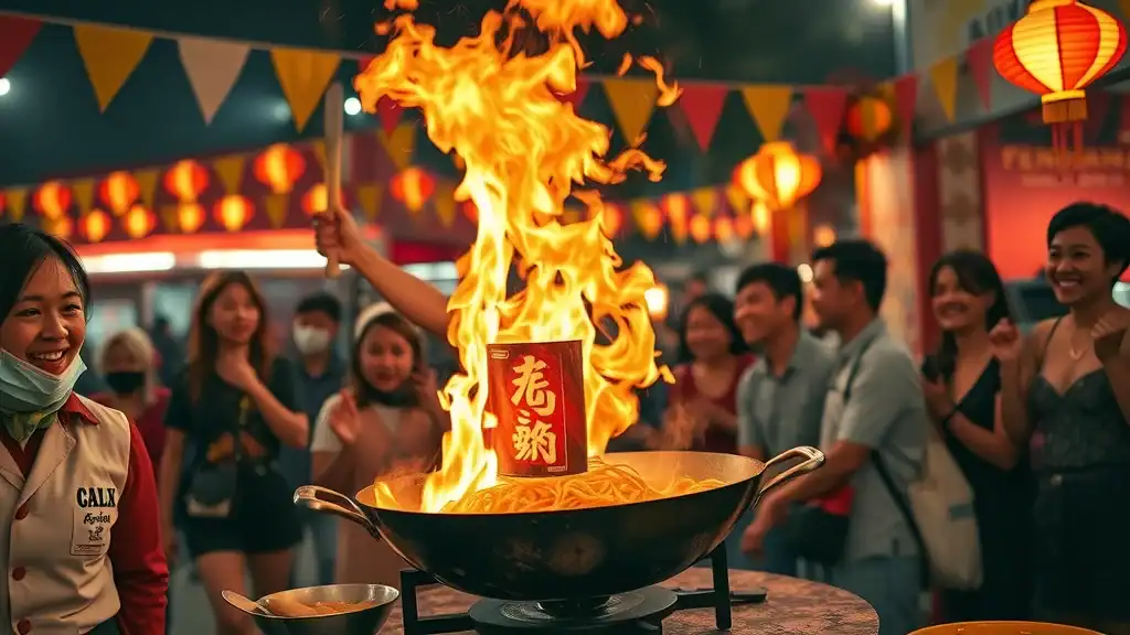 Chef tossing noodles at Kanai Food Festival in Penang, energetic Malaysian food festival scene - Street food Penang experience