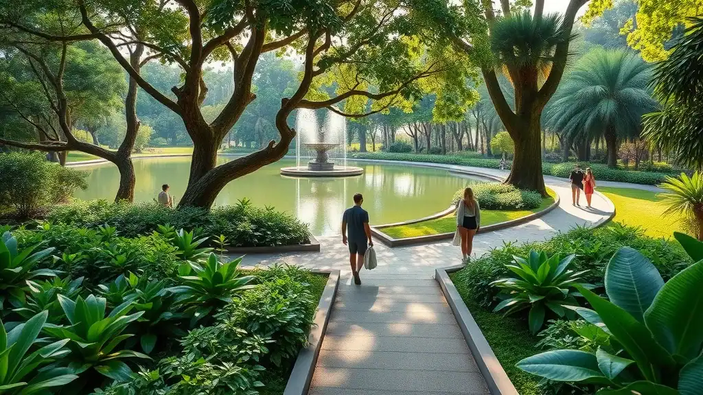 Lush tropical gardens with serene walking paths at Singapore Botanic Gardens with wildlife and reflective lake