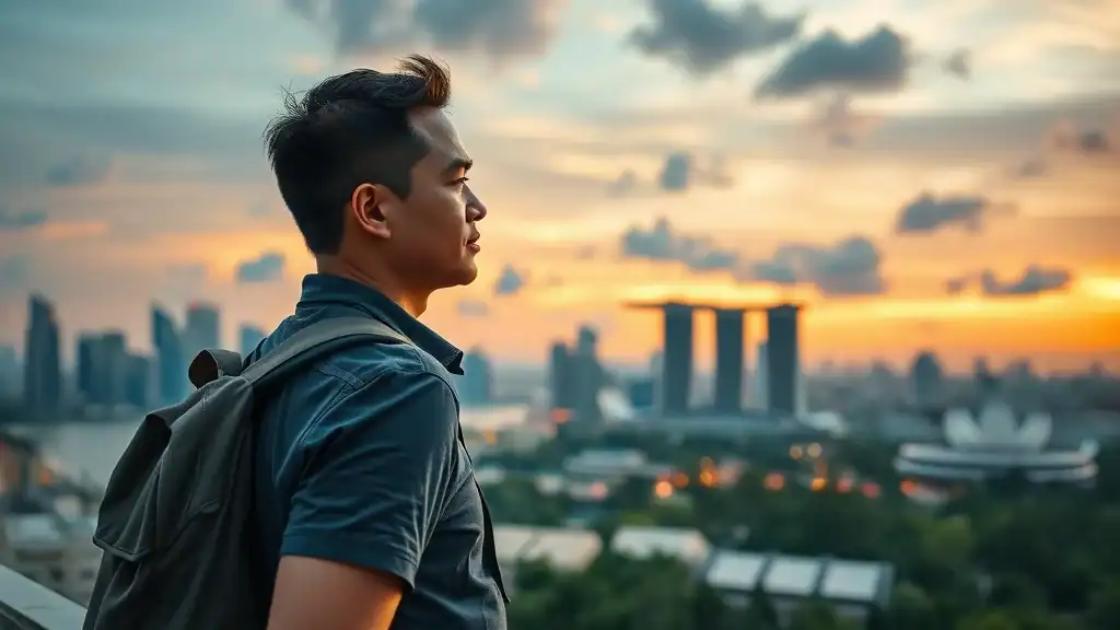Reflective traveler overlooking Singapore cityscape at sunset with iconic skyline and lush greenery