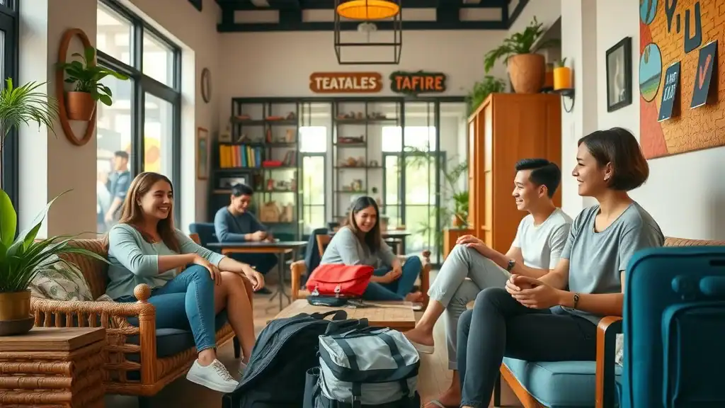 Welcoming hostel common area in Chiang Mai - relaxed travelers lounging and chatting in a colorful, modern hostel. - chiang mai accommodation thailand travel hacks