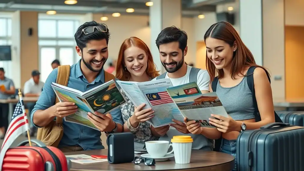 Cheerful tourists planning their malaysia travel itinerary, reading maps and guides at a table with Malaysian currency and flag, showing travel preparation.