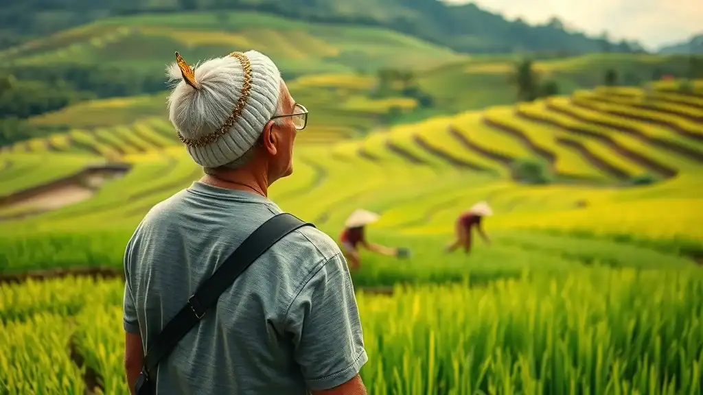 Secluded Balinese rice field with mature travelers finding a tranquil, authentic Bali travel experience