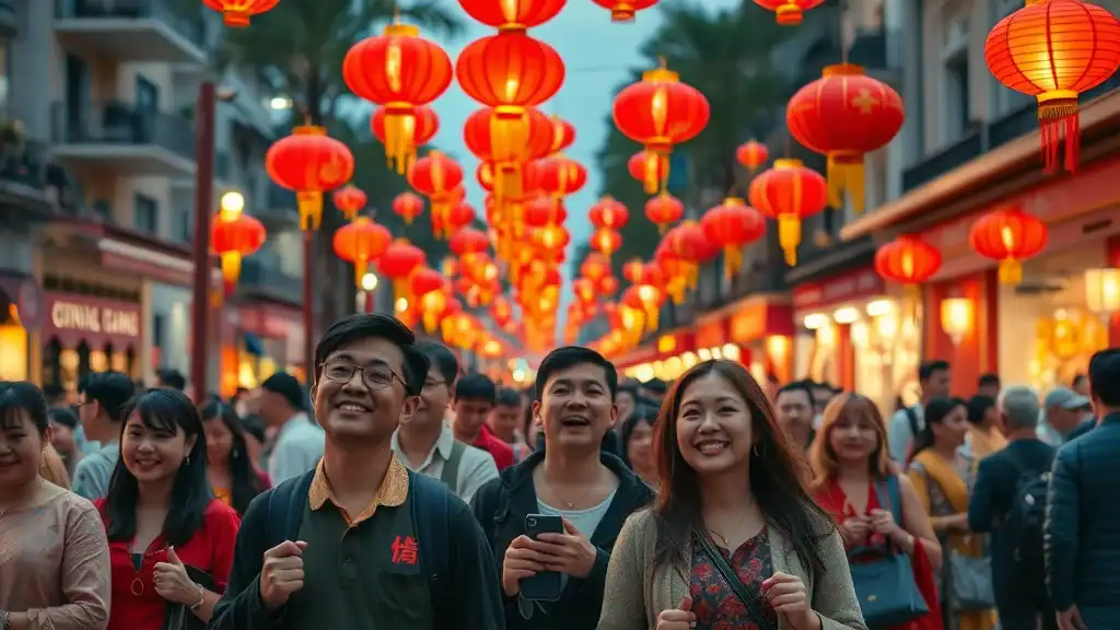 Festive Vietnamese street celebration with locals and travelers enjoying a festival, lanterns, and traditional costumes. Discover Vietnam’s joyous culture and celebrations.