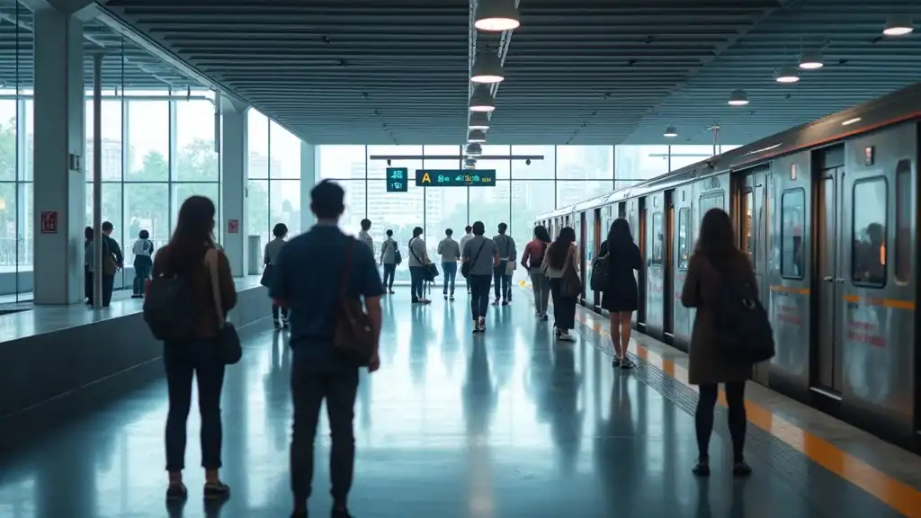 Kuala Lumpur travel guide: Modern train station with commuters awaiting metro, clean platforms, and city views through glass, photorealistic with crisp lines and natural light.