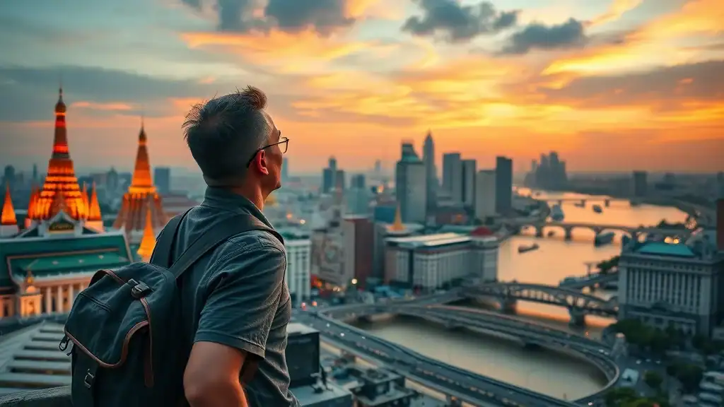 bangkok thailand travel iconic skyline rooftop city view grand palace chao phraya river shimmering skyscrapers at dusk