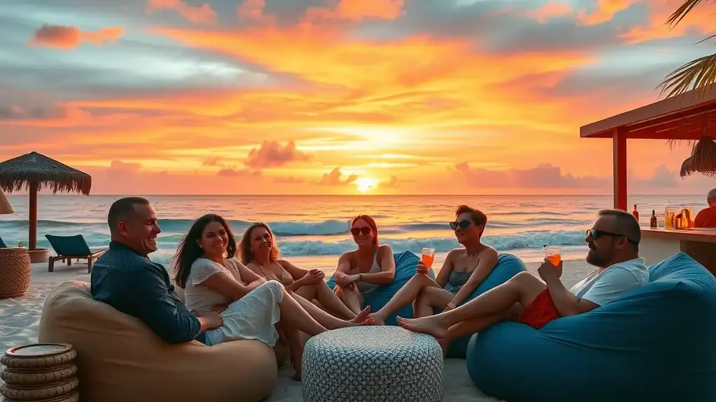 Trendy Bali beach club scene, guests reclining on beanbags at sunset - Bali travel guide