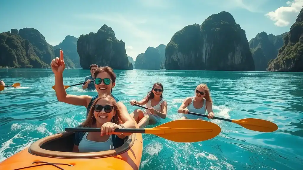 Epic adventure in Ha Long Bay with tourists kayaking through emerald waters and limestone cliffs. Discover Vietnam’s dramatic landscapes and natural adventure.