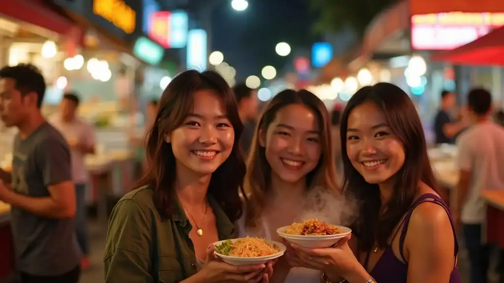 Jalan Alor Kuala Lumpur travel guide: Energetic night market with friends sampling street food from colorful stalls, glistening food textures, vibrant night lighting, photorealistic rendering.
