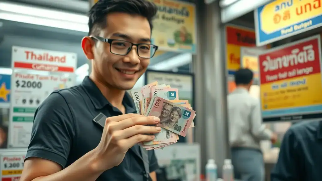 budget travel in thailand traveler exchanging thailand currency at local booth cash baht banknotes chiang mai