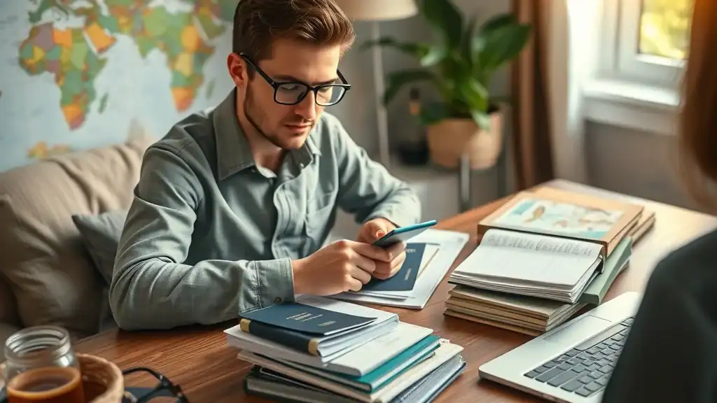 Singapore tourist tips – Calm traveler preparing passports, documents, and travel guides in cozy sunlit room, photorealistic with earth tones and green accents.