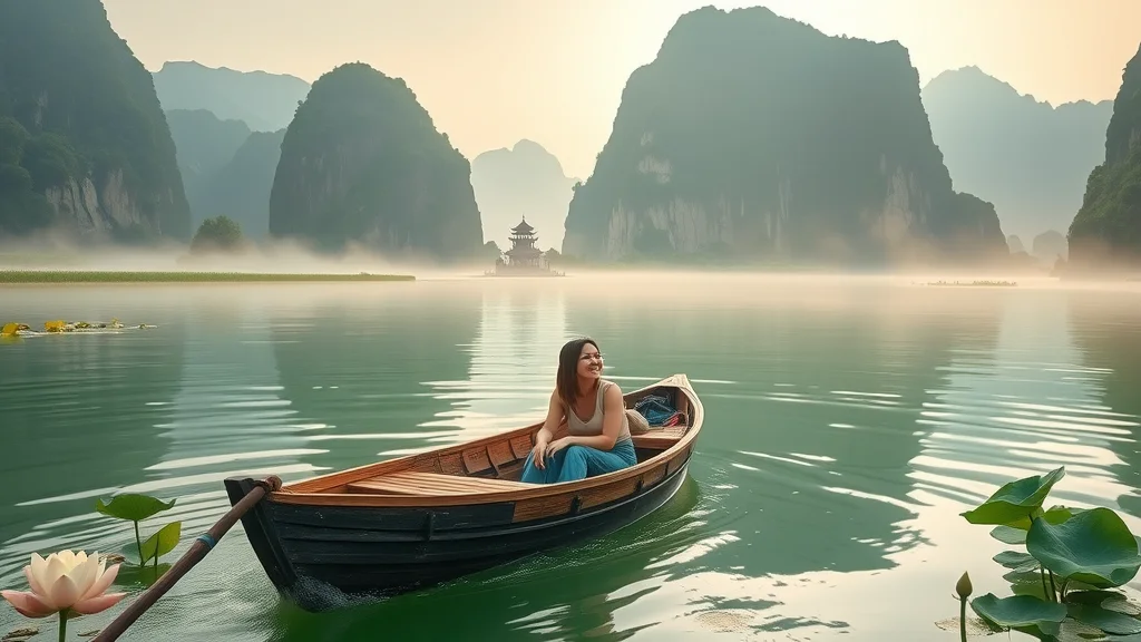 Serene Ninh Binh river scene, traveler drifting by towering karst cliffs, lotus flowers, and ancient pagoda. Discover Vietnam’s picturesque inland landscapes.