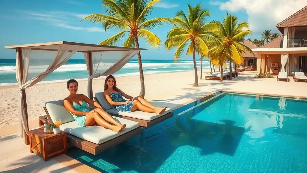 Chic Bali beachfront resort with relaxed guests lounging by an infinity pool - Bali travel guide