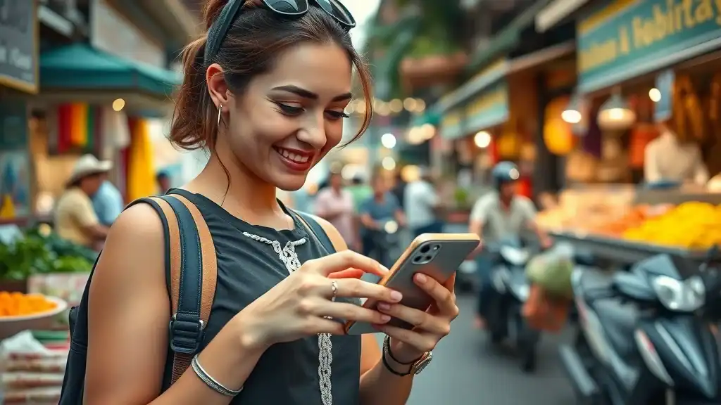 Modern traveler using smartphone with maps at Bali street market - Bali travel guide