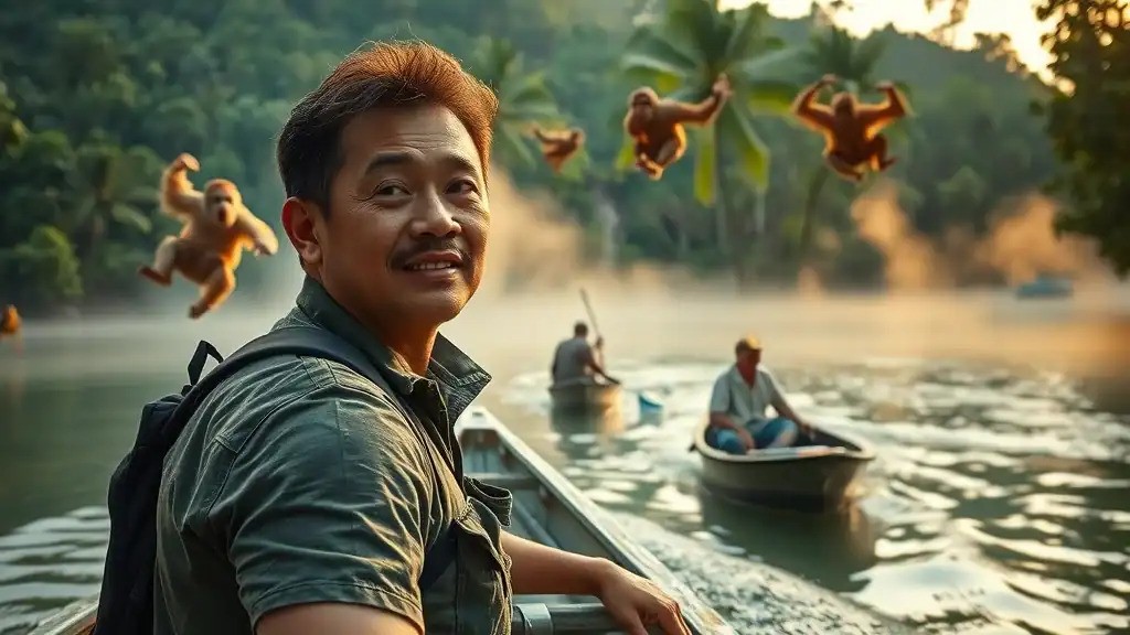 Traveler spotting wildlife from a boat along the Kinabatangan River in Malaysian Borneo, an unforgettable highlight of any malaysia travel itinerary.