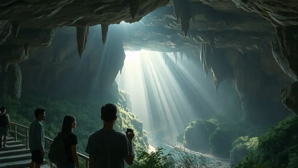 Majestic Vietnamese cave interior with explorers amazed at massive stalactites and sunbeams. Experience Phong Nha’s cave wonders as you discover Vietnam.