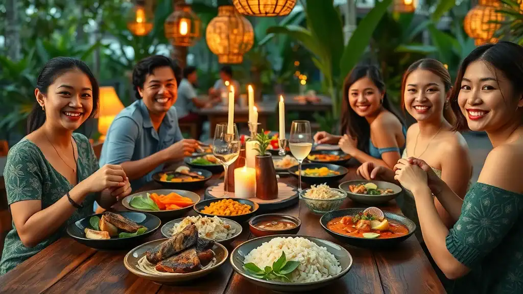 Vibrant Balinese food spread, diners sharing traditional dishes at rustic restaurant - Bali travel guide
