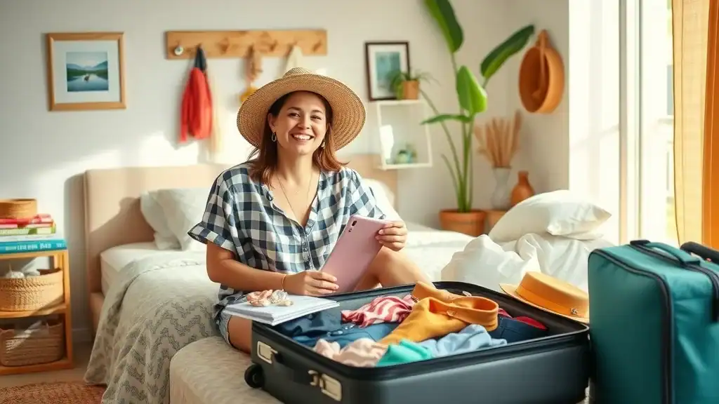 cheerful thailand trip planner packing light luggage summer clothes travel gear in bright bedroom