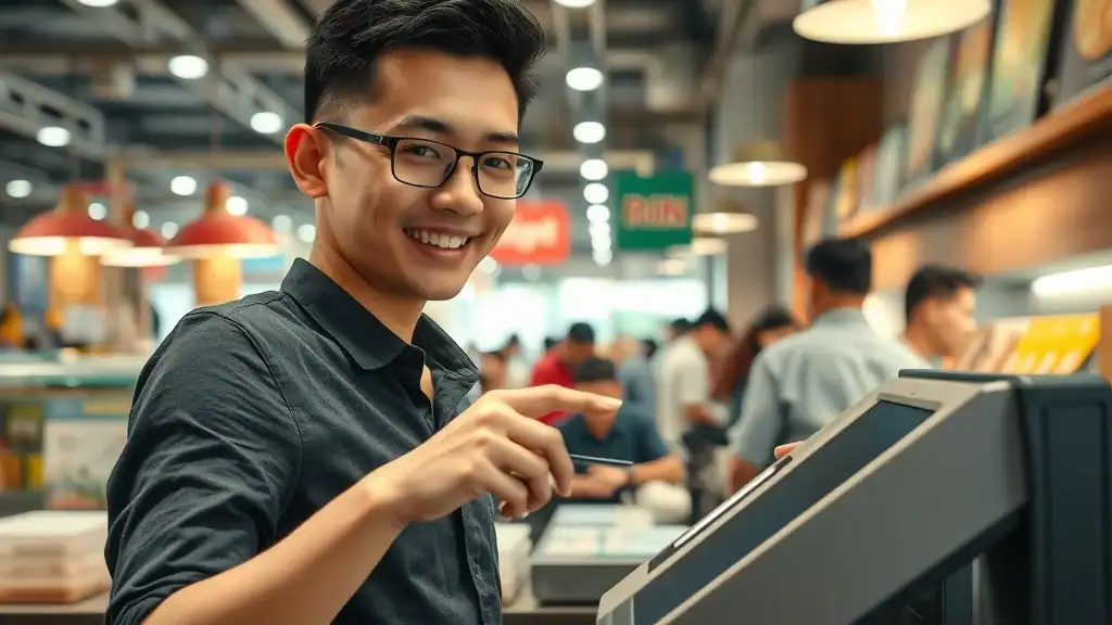 Singapore tourist tips - Modern payment at Singapore coffee shop, traveler tapping credit card on digital terminal in bustling hawker center, photorealistic realism, lively and clean scene.