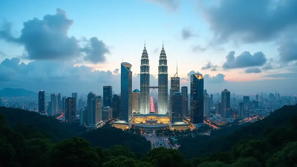 Malaysia Kuala Lumpur travel guide: Vibrant Kuala Lumpur cityscape with Petronas Twin Towers above lush greenery at twilight, city lights beginning to illuminate, photorealistic rendering.