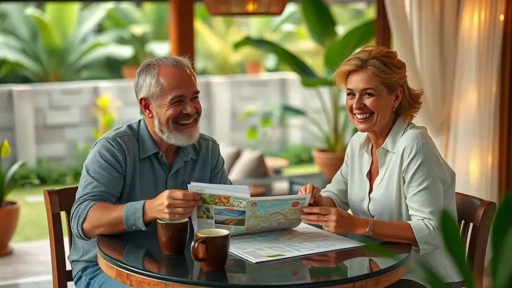 Adventurous mature travelers planning a Bali trip with local guidebook and map, embracing Bali travel secrets