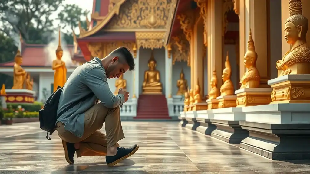 Serene Buddhist temple in Thailand with respectful tourist taking off shoes and bowing politely in an ornate courtyard. - thailand travel tips temple etiquette